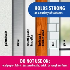 Holds strong on a variety of surfaces: painted walls, metal, smooth plastic and acrylics, laminate & finished wood, tile, glass. Do no use on: wallpaper, fabric, textured walls, brick or rough surfaces