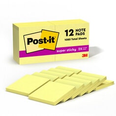 Post-it Super Sticky Notes, 3 inch by 3 inch, Canary Yellow, 12 Pads per Pack