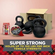 Super strong, holds up to 100 lbs. per inch tensile strength.  Image of four kettlebells and two tape dispensers with Scotch Reinforced Strapping tape.  Ready to ship kettlebells in a box. 
