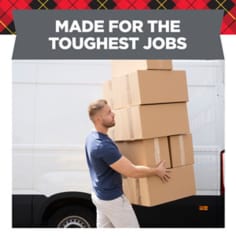 Made for the toughest job.  Image of a man moving several boxes.