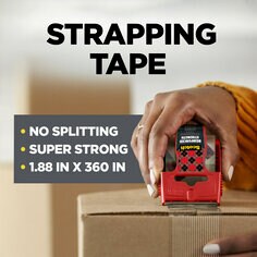 Scotch Reinforced Strapping tape, no splitting and super strong hold.  Comes in 1.88 by 200 inch tape with dispenser.  Image of a person taping a box with a dispenser.