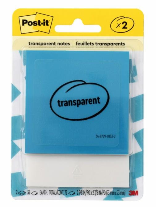 post it transparent notes two point seven eighths  by two point seven eighths  inches in size blue transparent square notes two pads per package with 36 notes per pad