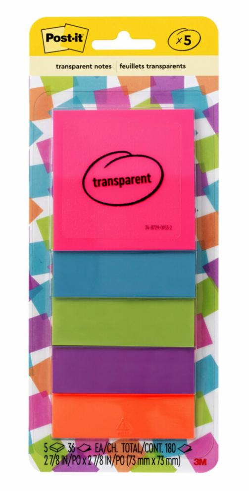 post it transparent notes two point seven eighths  by two point seven eighths  inches in size blue transparent square notes 8 pads per package with 36 notes per pad assorted colors colors