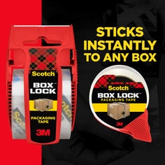 Scotch Box Lock Tape sticks instantly to any box.  Image of a small and a large red tape dispenser and Scotch Box Lock Tape.