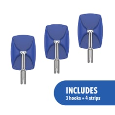 3 wire hooks. Text: Includes 3 hooks 4 strips. 