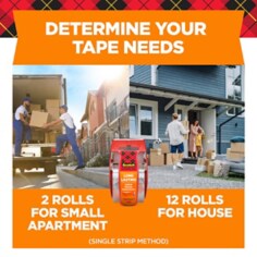 Determine your tape needs, 2 rolls work for a small apartment or 12 rolls for a house.  Image of a small tape dispenser and an image of people moving from a condo and a house.