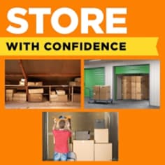 Store with confidence, three images of storage. Boxes stored in an attic and storage facilities.