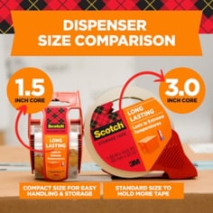 Dispenser size comparison.  1.5" core is compact size for easy handling and shipping.  3" core is the standard size to hold more tape. 