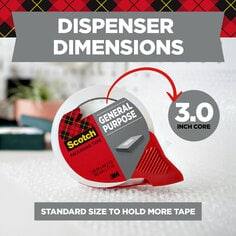 Dispenser dimensions, the image shows a 3.0 inch core of tape, which is the standard size to hold more tape. 