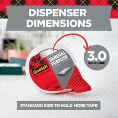 Dispenser dimensions, the image shows a 3.0 inch core of tape, which is the standard size to hold more tape. 