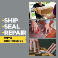 Ship, seal and repair with confidence.  Images of a person delivering a package, another person repairing a plastic container top and a third person fixing a game board with Scotch General Purpose Tape.