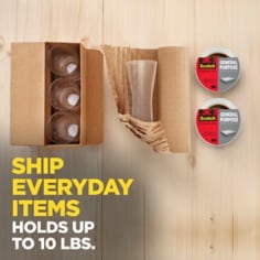 Ship everyday items.  The Scotch General Purpose Tape holds up to 10 lbs.  Image of lightweight items being packaged with tape. 
