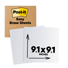 Post-it Easy Erase whiteboard sheets.  Image shows a brown corrugate box with a Post-it logo,easy erase sheets and two white easy erase sheets out of the packaging.  They measure 9.1 inches by 9.1 inches.