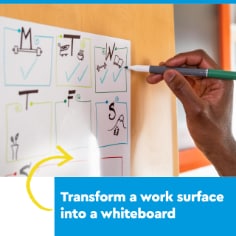 Transform a work surface into a whiteboard.  Image shows a women writing notes on a Post-it Easy erase sheet with a school background.