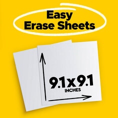 Two white Post-it Easy Erase sheets on a yellow background, they measure 9.1 inches by 9.1 inches.