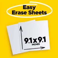 Two white Post-it Easy Erase sheets on a yellow background, they measure 9.1 inches by 9.1 inches.