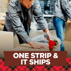 Designed for securing light-duty boxes.  Image of a person preparing boxes for delivery. 