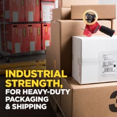 Industrial strength, for heavy duty packaging and shipping.  Image of several boxes being packed and shipped.