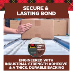 Secure & Lasting Bond.  The tape is engineered with industrial strength adhesive and a thick-durable backing.  Image of a taped box going down a conveyer belt. 