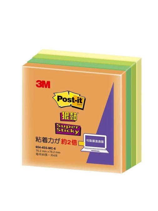 Post-it® 利貼® 狠黏™ 654-4SS-MC-6 便條紙, 76.2x76.2mm