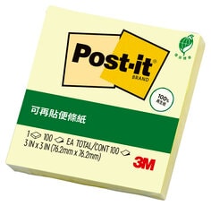 Post-it® 利貼®  654RP-1 可再貼綠材質環保便條紙, 3x3吋