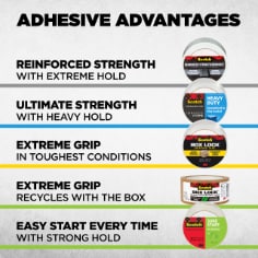 Choose the right tape for the job.  Scotch Reinforced Strength tape, use for strapping and shipping, use on heavy boxes because it has reinforced strength. Scotch Tough Grip use for shipping and packing, use on heavy boxes because it has a heavy hold.  Scotch Box Lock Packaging Tape use for shipping and moving, use on all boxes even 100% recycled because it has extreme grip. Scotch Box Lock Paper Tape use for shipping and moving, on all boxes even 100% recycled because it has an extreme grip. Scotch Sure Start use for shipping and moving, on medium weight boxes and has a strong hold. 