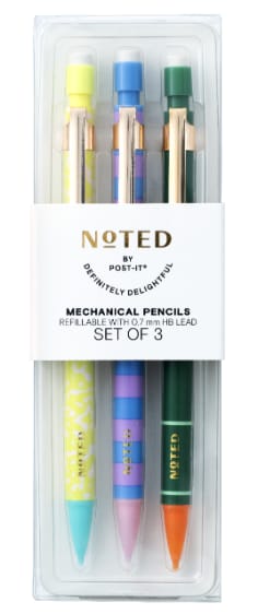 noted by post it  mechanical pencils three per pack in multiple designs and colors, pens are refillable with zero point seven millimeter h b lead