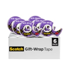 Scotch Gift-Wrap Tape disappears flawlessly.  Image of four tape dispensers with three rolls of tape in a purple plaid packaging on top of a white box that says Scotch Gift-Wrap Tape six rolls.