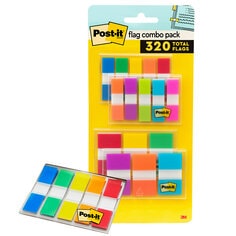 Post-it Flags Assorted Color Combo Pack, 120 .94 in. Wide and 200 .47 in. Wide Flags, 4 On-The-Go Dispensers in packaging