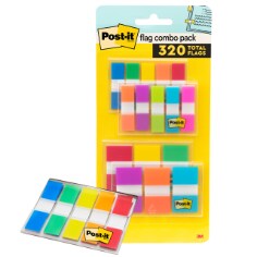 Post-it Flags Assorted Color Combo Pack, 120 .94 in. Wide and 200 .47 in. Wide Flags, 4 On-The-Go Dispensers in packaging