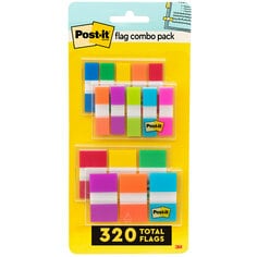 Post-it Flags Assorted Color Combo Pack, 120 .94 in. Wide and 200 .47 in. Wide Flags, 4 On-The-Go Dispensers in packaging