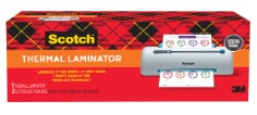 scotch themal laminator for thermal alminating pouches upt to nine inches wide, two heat settings for pouches three to five millimeters thick, l e d touch controls and button turns green when ready, hidden built in cord storage and foldable tray