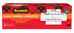 scotch rapid thermal laminator, one thermal laminator and fifty laminating pouches sized eight point nine inches by eleven point four inches