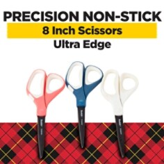 Scotch Precision Ultra Edge Scissors, non-stick, 8 inch-sissors, ultra edge.  Image shows three pairs of scissors - one has pink and  white, Blue and white and just white handled scissors on a red and black plaid background.