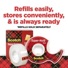 Scotch Super Hold Tape Refills easily, stores conveniently, and is always ready.  Dispensers sold separately.  Image of product family of Scotch Super Hold Tape.