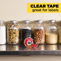 Scotch Super Hold Tape is clear and great for labels. Image of spice jars labeled with Scotch Super Hold Tape.