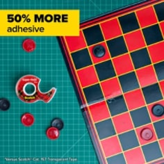 Scotch Super Hold Tape, 50% more adhesive.  Image of tape being used to fix a tear in a checkers board.