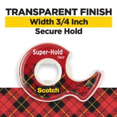 Scotch Super Hold Tape, 50% More Adhesive, one roll of tape with plastic tape dispenser.  Transparent Finish, width 3/4 inch, secure hold.