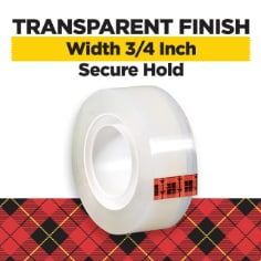 Scotch Super Hold Roll of Tape, Transparent finish, 3/4 inch width, secure hold.  Image of a roll of tape.