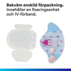 Praktisk enskild förpackning. Innehåller en fixeringsanordning och ett IV-förband.
