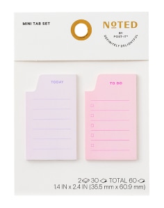 Noted by post it mini tab set one point four by two point four inches in size, two pads per pack and thirty sheets per pad pink and purple lined notes pre printed