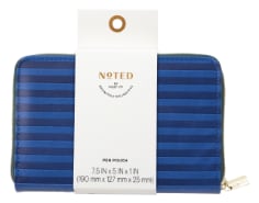 pen pouch with imitation gold zipper and pull blue vinyl exterior which contrasting horizontal stripes
