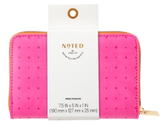 Noted by Post-it pen pouch seven point five by five by one inches pink vinyl exterior imitation gold zipper and pull with small cross shaped debossed shapes in a pattern