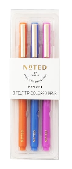 Three felt tipped pens in three bold colors orange blue and pink three pens per packk with imitation gold pen hanger