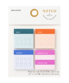 noted by post it mini notes four pads per pack with fifty sheets per pad totaling two hundred sheets in multiple colors and preprinted prompts.