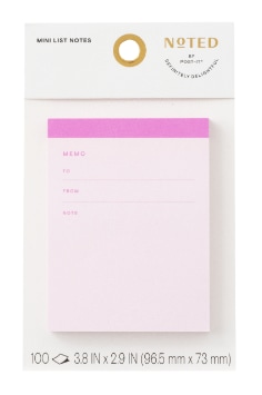 Noted by post it mini list notes, two point nine by three point eight inches in size one hundred sheets per pad and one pad per pack multiple color combinations and pre printed prompts 