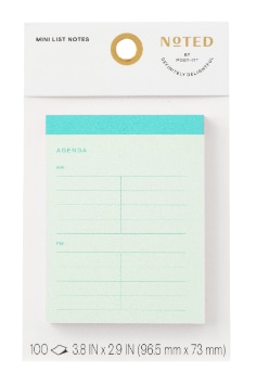 Noted by post it mini list notes, two point nine by three point eight inches in size one hundred sheets per pad and one pad per pack multiple color combinations and pre printed prompts 