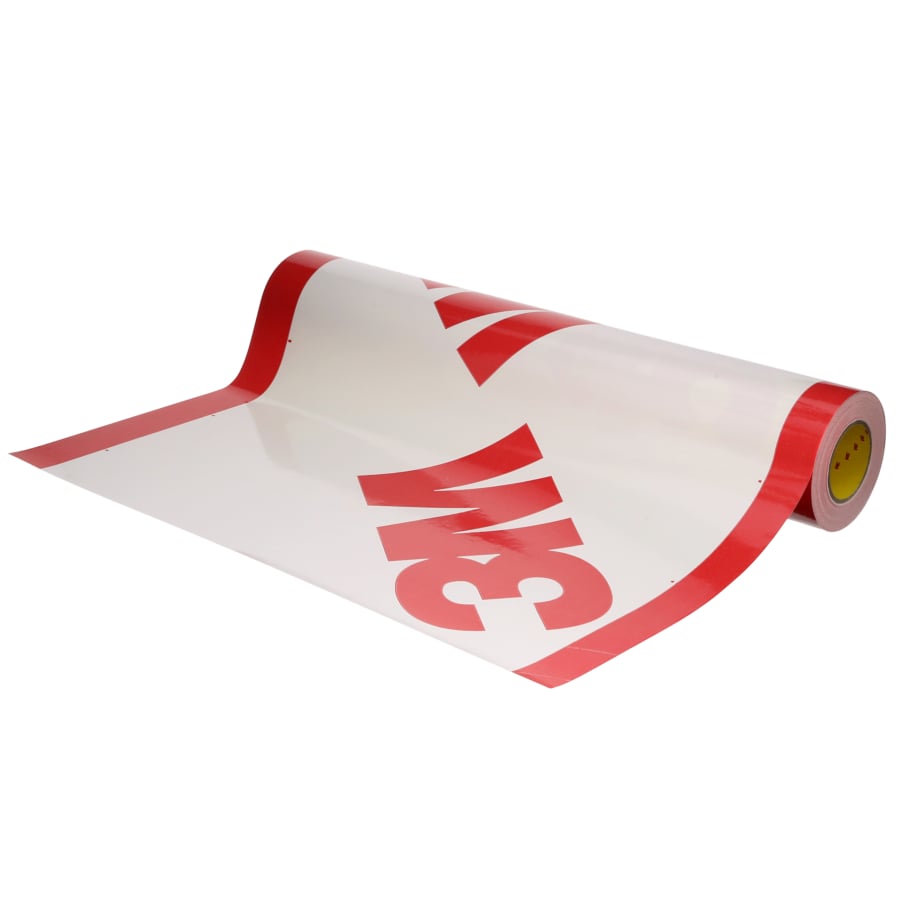 A roll of 3M Air Barrier 3015VP unrolled to show its white surface with red logos and red edges.