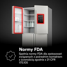 Normy FDA
Spełnia normy FDA dla zastosowań związanych z pośrednim kontaktem z żywnością zgodnie z 21 CFR 175.105