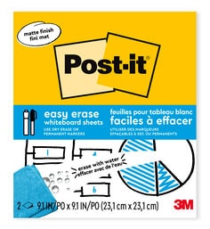 Post-it® Permanent Marker Whiteboard Sheets, size 9.1 x 9.1. Works with permanent marker and wipes away clean with water.